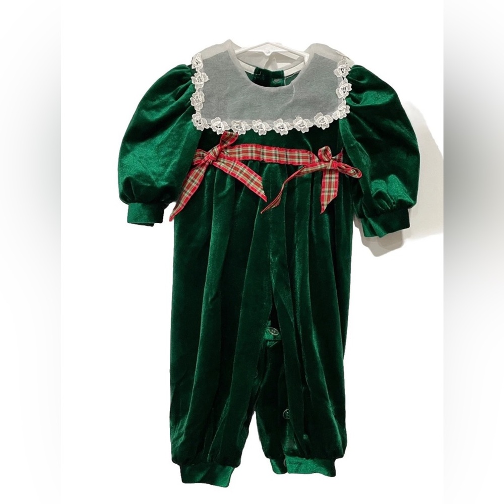 Vintage Green Velvet Christmas Holiday Baby One Piece 12 Months